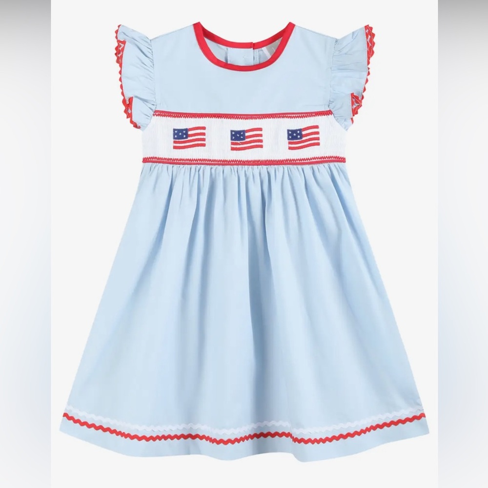 Blue and Red Kids Dress with Flag Design smocking by Lil Cactus
